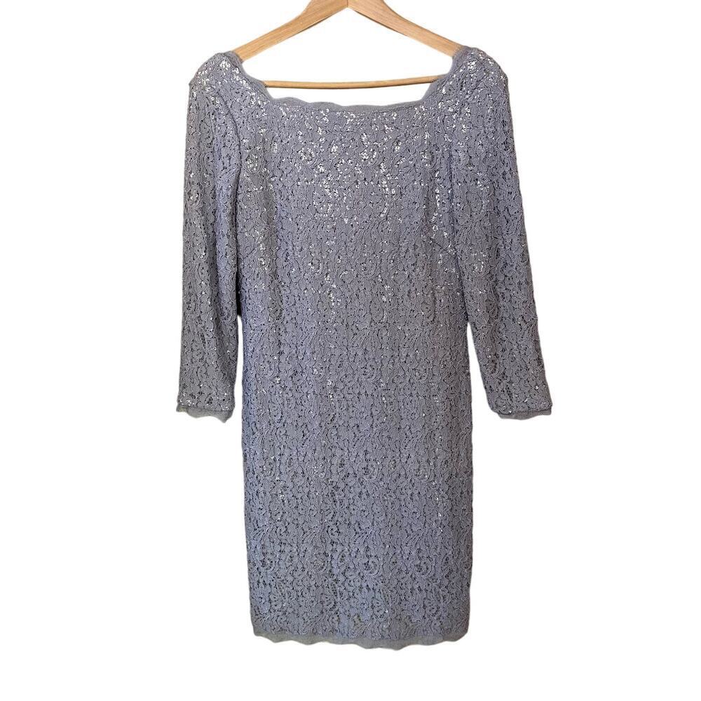 Adrianna Papell 41915770 Lace Short Dress Women's sz 8 Silver Gray Cocktail Prom
